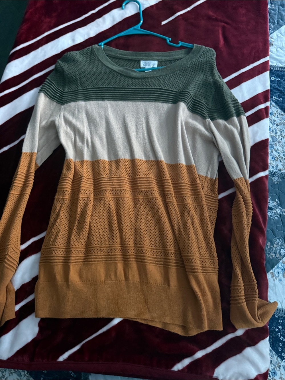Market & Spruce Olive, Cream & Mustard Open-Knit Pullover